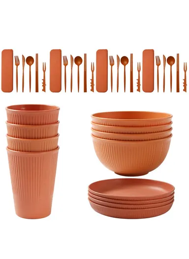 36Pcs / Set Wheat Straw Dinnerware Set Plates Bowls Cups Forks Party Cutlery Kit (BPA-Free, FDA Certified) - Orange