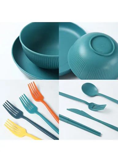 36Pcs / Set Wheat Straw Dinnerware Set Plates Bowls Cups Forks Party Cutlery Kit (BPA-Free, FDA Certified) - Orange