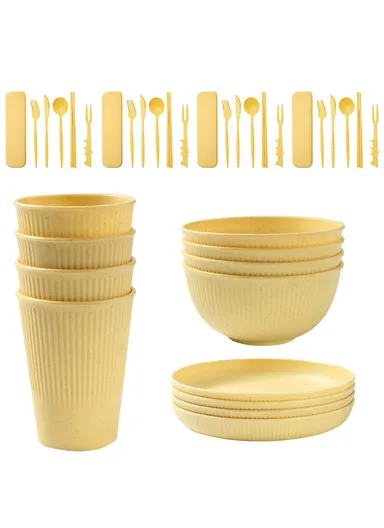 36Pcs / Set Wheat Straw Dinnerware Set Plates Bowls Cups Forks Party Cutlery Kit (BPA-Free, FDA Certified) - Yellow