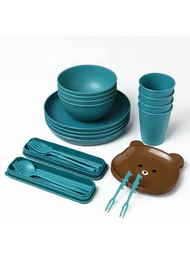 36Pcs / Set Wheat Straw Dinnerware Set Plates Bowls Cups Forks Party Cutlery Kit (BPA-Free, FDA Certified) - Yellow