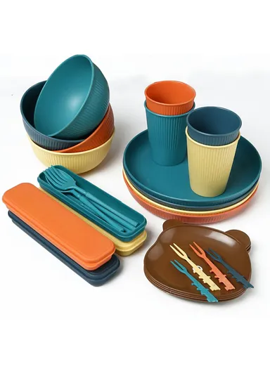 36Pcs / Set Wheat Straw Dinnerware Set Plates Bowls Cups Forks Party Cutlery Kit (BPA-Free, FDA Certified) - Yellow