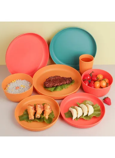 16-Piece Kitchen Plastic Wheat Straw Dinnerware Set Plates Bowls Cups (BPA-Free, FDA Certified) - Yellow