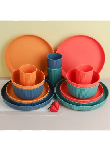 16-Piece Kitchen Plastic Wheat Straw Dinnerware Set Plates Bowls Cups (BPA-Free, FDA Certified) - Yellow