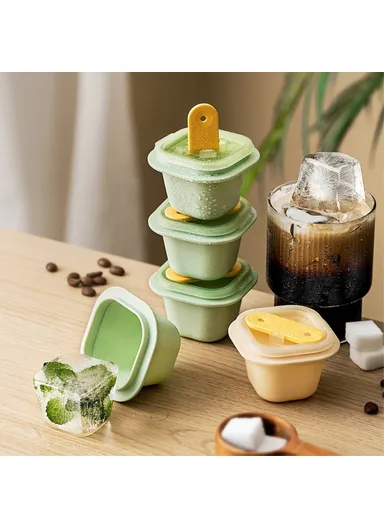 3Pcs Summer DIY Ice Cube Jelly Yogurt Popsicle Maker Mold with Lid &amp; Stick AAB060 (L6.4 x W6.4 x H4.4)cm - Beige