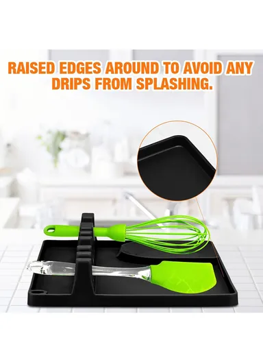 2 in 1 BPA Free Silicone Spoon Rest, Larger Spoon Holder, Silicone Utensil Rest, L - Black