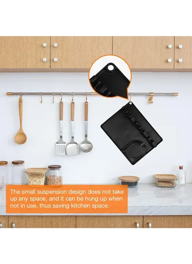 2 in 1 BPA Free Silicone Spoon Rest, Larger Spoon Holder, Silicone Utensil Rest, L - Black