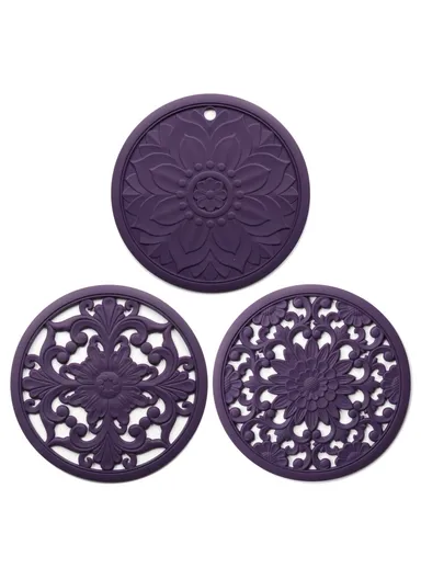 3Pcs 16x16cm Chinese Hollow Carving Cup Mat Heat Insulation Placemat Silicone Coaster - Purple