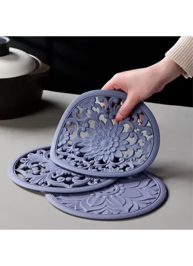 3Pcs 16x16cm Chinese Hollow Carving Cup Mat Heat Insulation Placemat Silicone Coaster - Purple