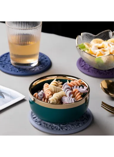 3Pcs 16x16cm Chinese Hollow Carving Cup Mat Heat Insulation Placemat Silicone Coaster - Purple