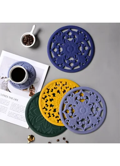 3Pcs 16x16cm Chinese Hollow Carving Cup Mat Heat Insulation Placemat Silicone Coaster - Green