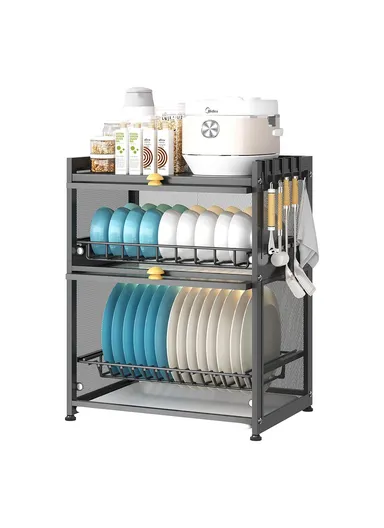 Dustproof Kitchen Countertop Carbon Steel Bowl Dish Drying Rack with Door OGJ-WDJ018 (L40 x W29 x H51)cm - Black