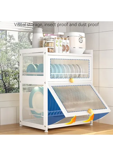 Dustproof Kitchen Countertop Carbon Steel Bowl Dish Drying Rack with Door OGJ-WDJ018 (L40 x W29 x H51)cm - Black