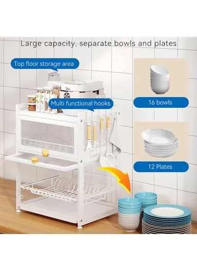 Dustproof Kitchen Countertop Carbon Steel Bowl Dish Drying Rack with Door OGJ-WDJ018 (L40 x W29 x H51)cm - Black