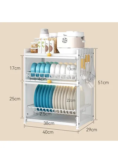 Dustproof Kitchen Countertop Carbon Steel Bowl Dish Drying Rack with Door OGJ-WDJ018 (L40 x W29 x H51)cm - Black