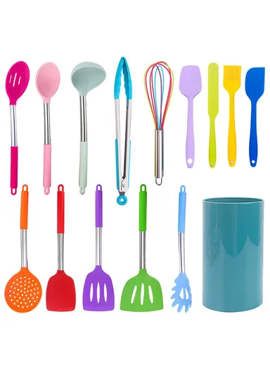15 Pcs / Set Stainless Steel + Silicone Cooking Utensils Set Heat Resistant Kitchen Utensils (BPA-Free / FDA Certification)- colorful