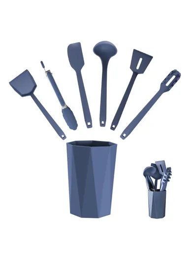 6Pcs Kitchen Utensils Silicone Spatula Ladle Kitchen Cooking Tools Kit with Storage Bucket (FDA Certificated, BPA Free) - Dark Blue