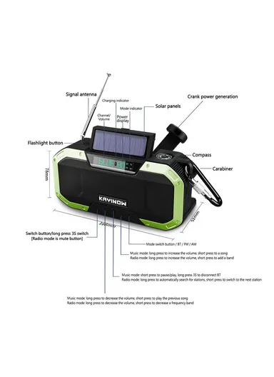 Portable IPX6 Waterproof Hand Crank Emergency Solar Radio Bluetooth Speaker with LED Light