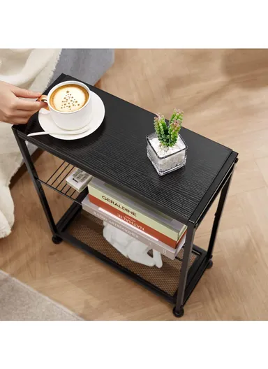 Side Table Narrow Space Table with Magazine Holder Bedside Nightstand (W44 x D22 x H7.8)cm - Black