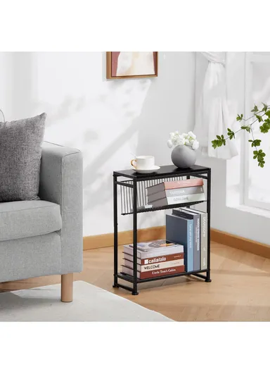 Side Table Narrow Space Table with Magazine Holder Bedside Nightstand (W44 x D22 x H7.8)cm - Black