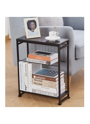 Side Table Narrow Space Table with Magazine Holder Bedside Nightstand (W44 x D22 x H7.8)cm - Black