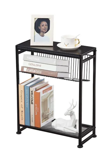 Side Table Narrow Space Table with Magazine Holder Bedside Nightstand (W44 x D22 x H7.8)cm - Black