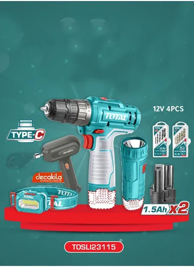 20Nm 2-Speed Gear Cordless Drill With Hand Mixer, 1W Flashlight , 100 Lumens Headlamp , Two 1.5A Battery Pack &amp; 6 HSS, 5 Wood Drill Bits Set TOSLI23115 