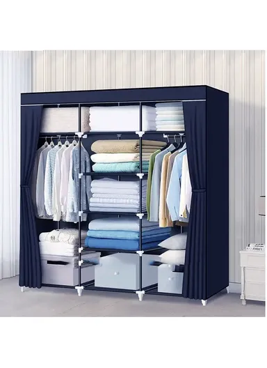 Large Capacity Plastic &amp; Stainless Steel Portable Wardrobe Storage Cabinet CL-150 (W150 x D45 x H170)cm - Navy Blue