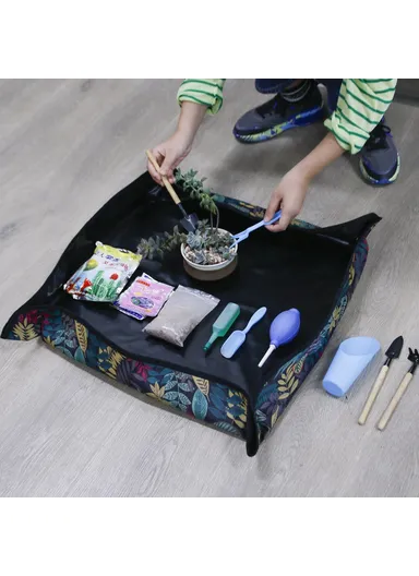 75x75cm Plant Transplanting Mat 600D PVC Oxford Cloth Waterproof Succulent Repotting Anti-dirty Mat - Flower / Grey