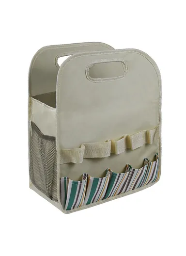 Multiple Pockets Oxford Cloth + PE Board Garden Hand Tools Tote Storage Bag - Stripes+Beige