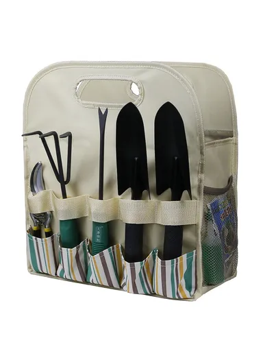 Multiple Pockets Oxford Cloth + PE Board Garden Hand Tools Tote Storage Bag - Stripes+Beige