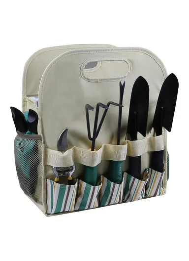Multiple Pockets Oxford Cloth + PE Board Garden Hand Tools Tote Storage Bag - Stripes+Beige