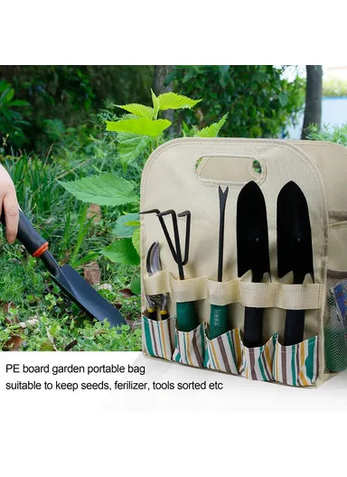 Multiple Pockets Oxford Cloth + PE Board Garden Hand Tools Tote Storage Bag - Stripes+Beige