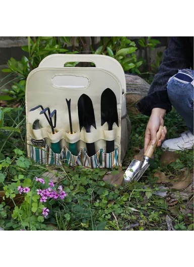 Multiple Pockets Oxford Cloth + PE Board Garden Hand Tools Tote Storage Bag - Stripes+Beige