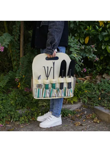 Multiple Pockets Oxford Cloth + PE Board Garden Hand Tools Tote Storage Bag - Stripes+Beige