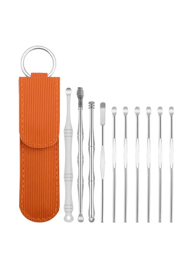10Pcs/Set 360° Cleaning &amp; Massaging Ear Pick Earwax Removal Kit Stainless Steel Earpick Ear Spoon Cleaning Tool Set with Storage Pouch - Orange