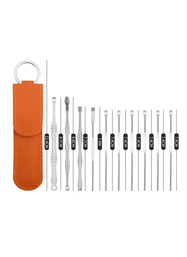 10Pcs/Set 360° Cleaning &amp; Massaging Ear Pick Earwax Removal Kit Stainless Steel Earpick Ear Spoon Cleaning Tool Set with Storage Pouch - Orange