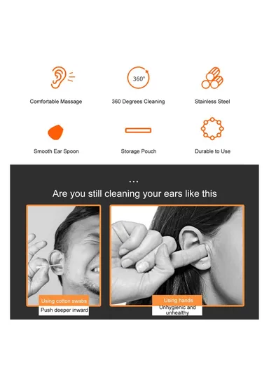 10Pcs/Set 360° Cleaning &amp; Massaging Ear Pick Earwax Removal Kit Stainless Steel Earpick Ear Spoon Cleaning Tool Set with Storage Pouch - Orange