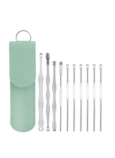 10Pcs/Set Ear Pick Earwax Removal Kit Stainless Steel Earpick Ear Spoon Cleaning Tool Set with Storage Pouch - Green