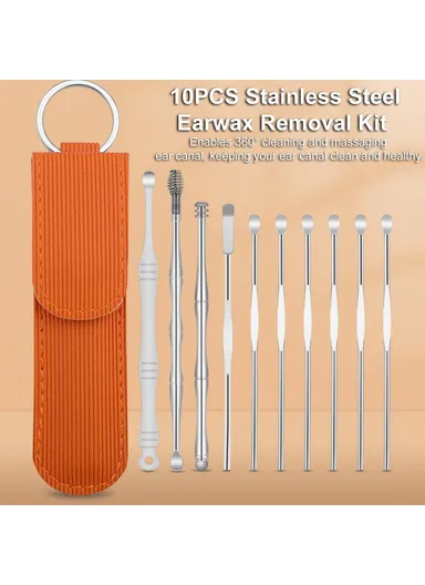 10Pcs/Set Ear Pick Earwax Removal Kit Stainless Steel Earpick Ear Spoon Cleaning Tool Set with Storage Pouch - Green