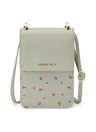 Women Flower Pattern Cellphone Pouch Small Crossbody Bag 6318-004 (L12.8 xW19.3 x T6)cm - Green