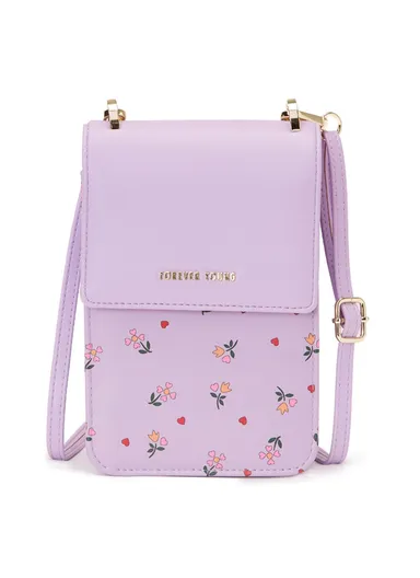 Women Flower Pattern Cellphone Pouch Small Crossbody Bag 6318-004 (L12.8 xW19.3 x T6)cm - Purple