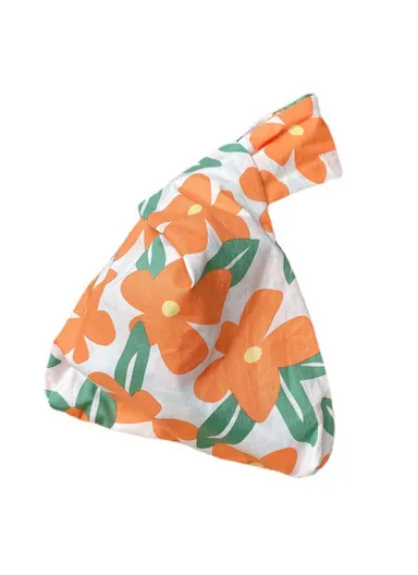 TZ Fresh Floral Pattern Canvas Handbag for Ladies, Girls Portable Purse Tote Wrist Bag (L21 x W17 x D5)cm - Orange Flower