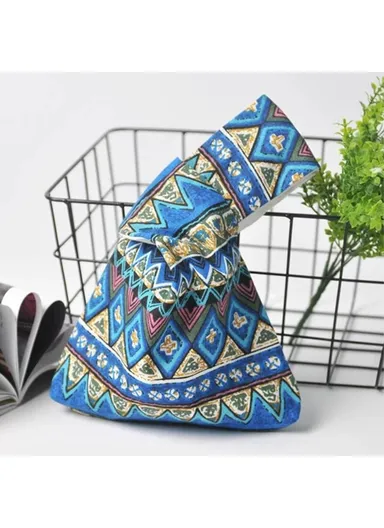 TZ Japanese Style Portable Purse Wrist Bag Fashionable Pattern Canvas Tote Handbag (W24 x L33)cm - Blue Ethnic Style