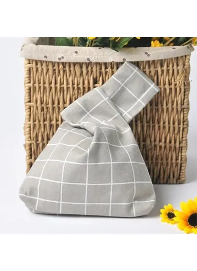 TZ Japanese Style Portable Purse Wrist Bag Fashionable Pattern Canvas Tote Handbag (W24 x L33)cm - Grey Grids