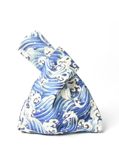 TZ Japanese Style Portable Purse Wrist Bag Fashionable Pattern Canvas Tote Handbag (W24 x L33)cm - Hot Stamping Dark Blue