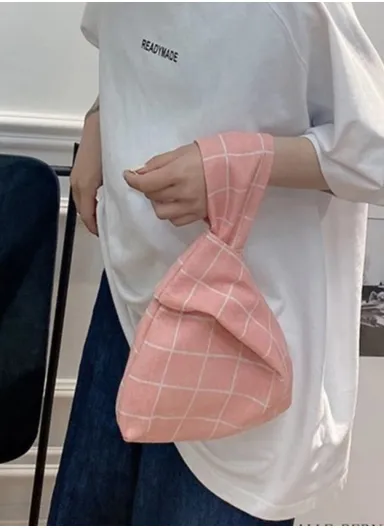 TZ Japanese Style Portable Purse Wrist Bag Fashionable Pattern Canvas Tote Handbag (W24 x L33)cm - Pink Grids