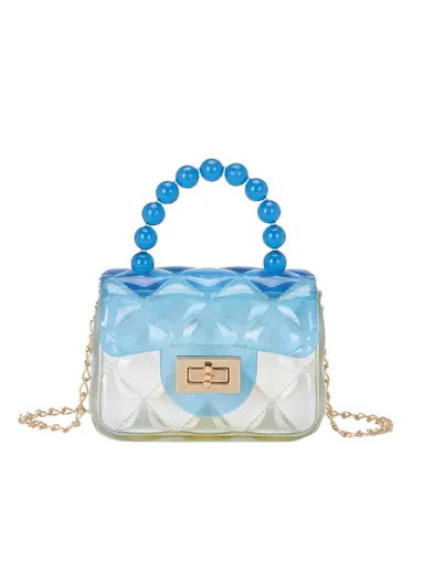 Transparent Shoulder Crossbody Bag Gradient Color Fashion Jelly Purse Small Handbag with Beads Tote Handle (L12 x W9 x T4.5)cm - Blue