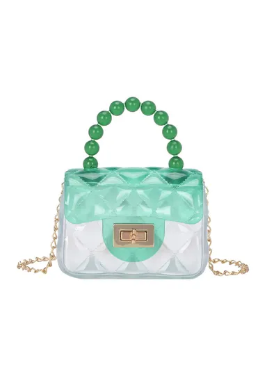 Transparent Shoulder Crossbody Bag Gradient Color Fashion Jelly Purse Small Handbag with Beads Tote Handle (L12 x W9 x T4.5)cm - Green