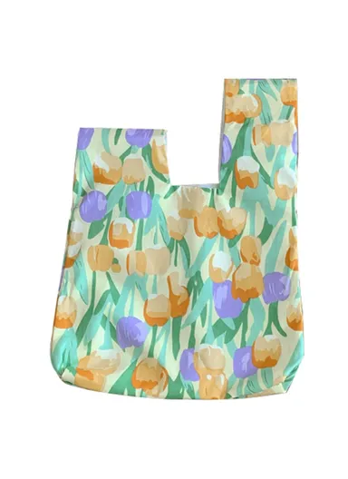 TZ Flower Pattern Cotton Linen Women Tote Bag Portable Mini Handbag for Cash, Keys, Cell Phone (L33 x W24)cm - Yellow Tulip