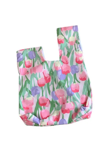 TZ Flower Pattern Cotton Linen Women Tote Bag Portable Mini Handbag for Cash, Keys, Cell Phone (L33 x W24)cm - Pink Tulip